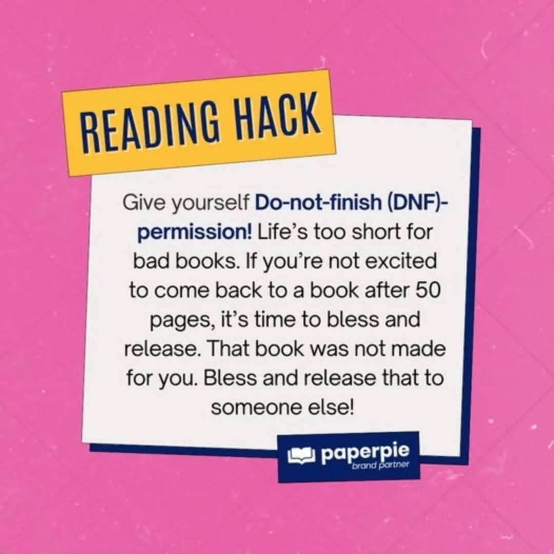 📖✨ Consider this your permission slip ✨📖

It is more than okay to not finish a book. 🙌 I don’t know why this used to feel so hard for me — like I had to push through no matter what — but I’ve finally realized this: not every book is for every person, and that’s perfectly okay. 💕

Reading should be joyful, not a chore. And it’s okay to move on and find the book that does click.

So tell me… what’s a book everyone else seemed to love, but just wasn’t for you? 👀📚